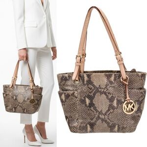 Michael Kors Jet Set Python Embossed Leather Gold Metallic Lined Shoulder Bag